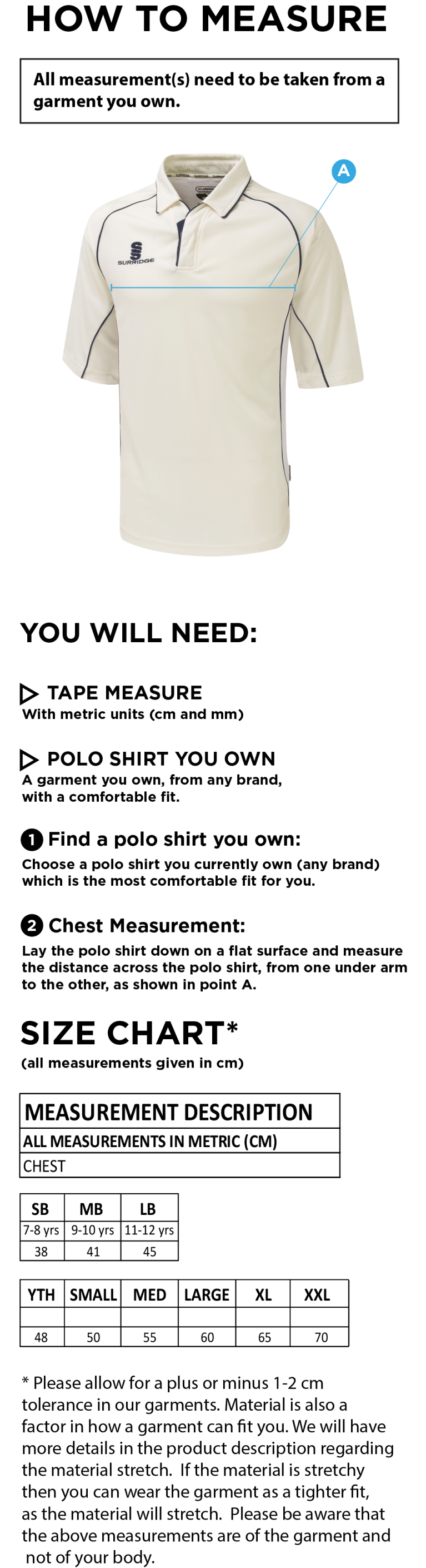 Settle CC - Premier 3/4 Sleeved Playing Shirt - Size Guide