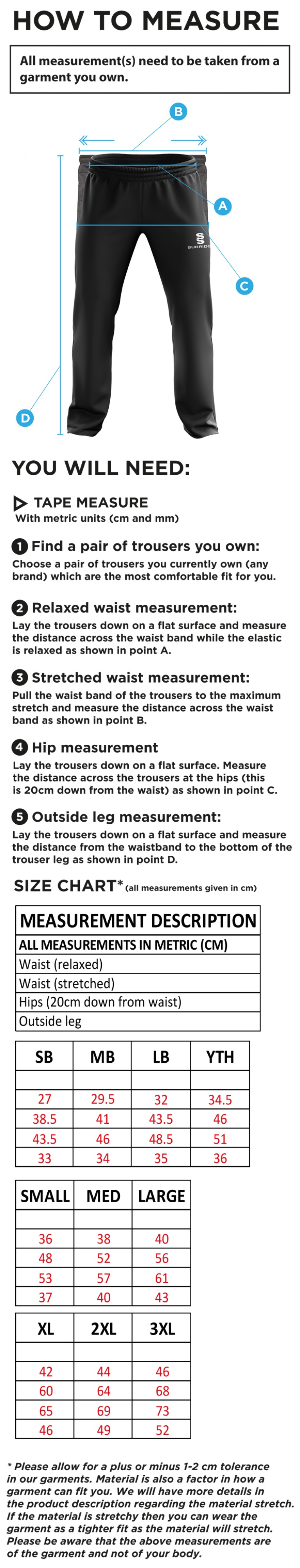 Settle CC - Tracksuit Pant - Size Guide