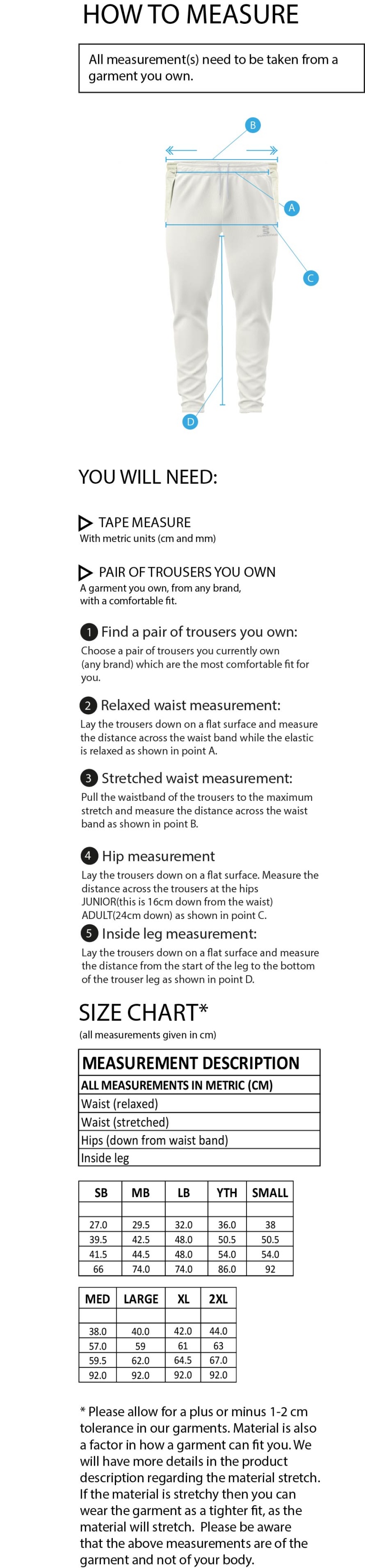 Settle CC - Coloured Cricket Trousers - Size Guide