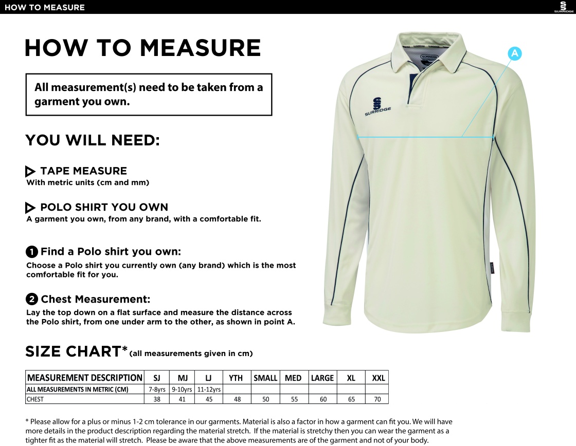Settle CC - Premier Long Sleeved Playing Shirt - Size Guide