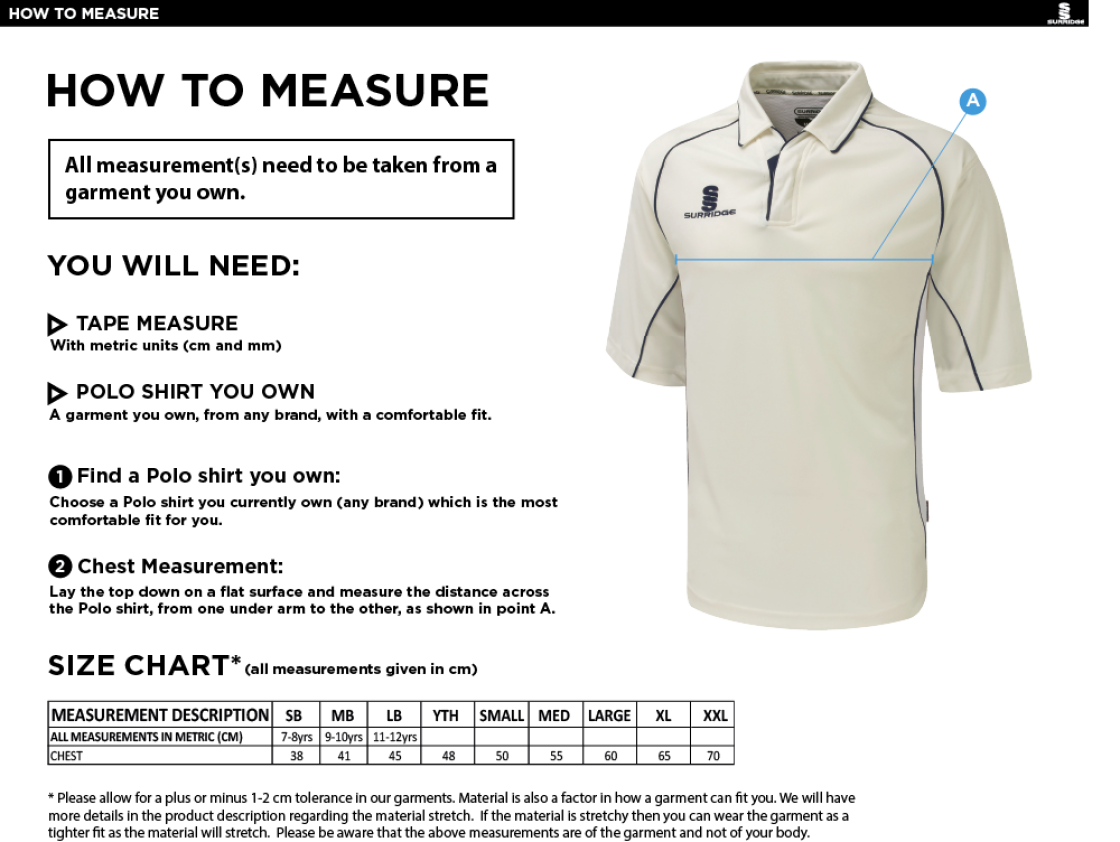Settle CC - Premier 3/4 Sleeved Playing Shirt - Size Guide