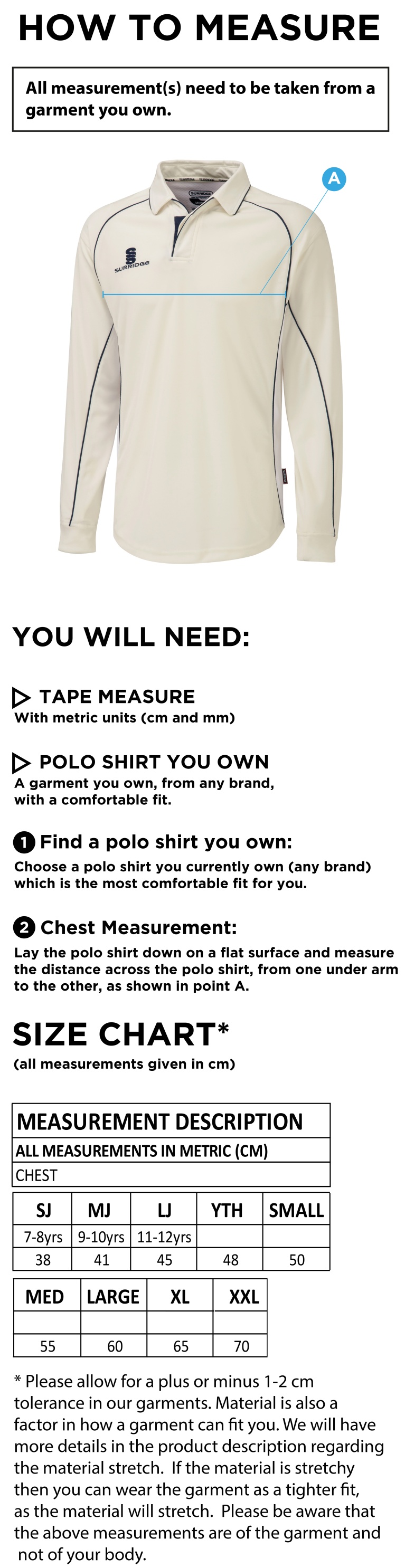 Settle CC - Premier Long Sleeved Playing Shirt - Size Guide