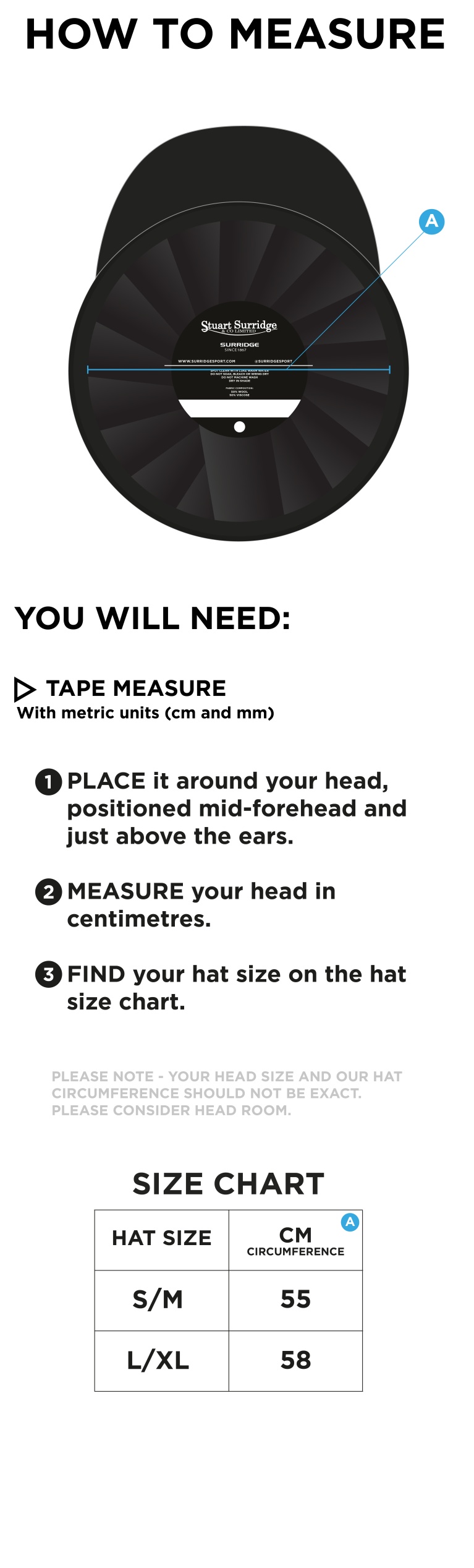 Settle CC - Baggy Cricket Cap - Size Guide