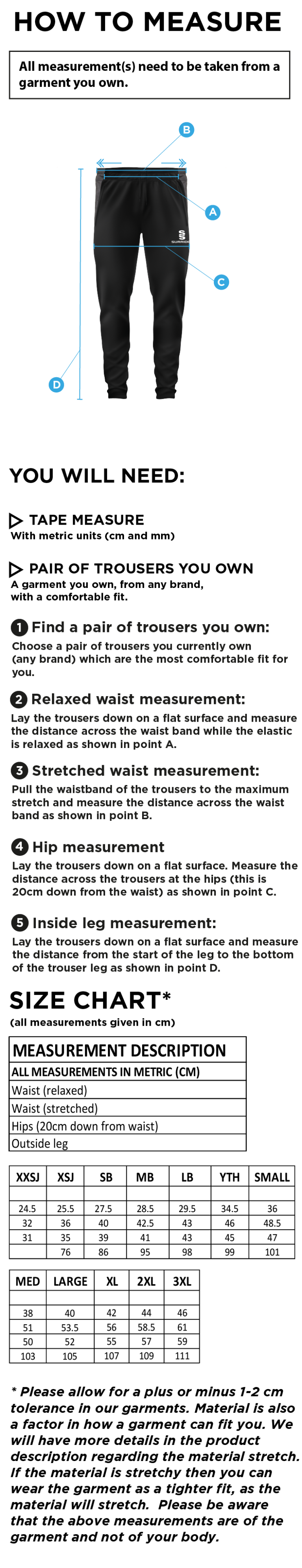 Settle CC - Slim Training Pant - Size Guide