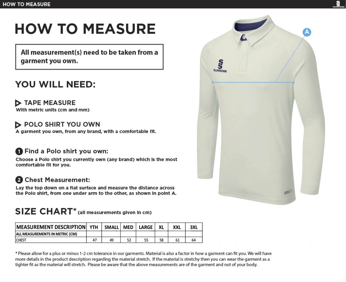 Settle CC - Ergo Long Sleeved playing shirt - Size Guide
