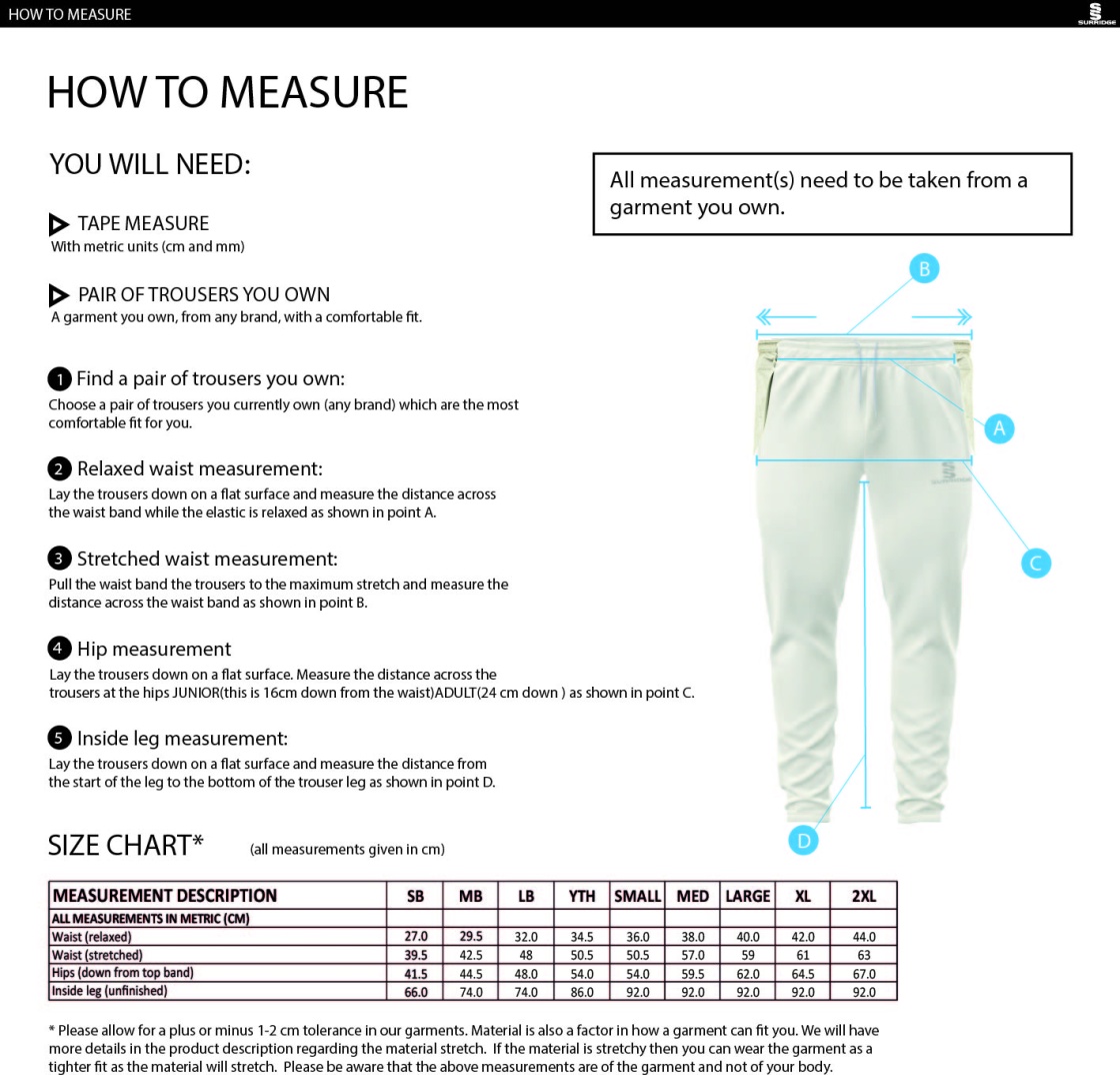 Settle CC - Coloured Cricket Trousers - Size Guide