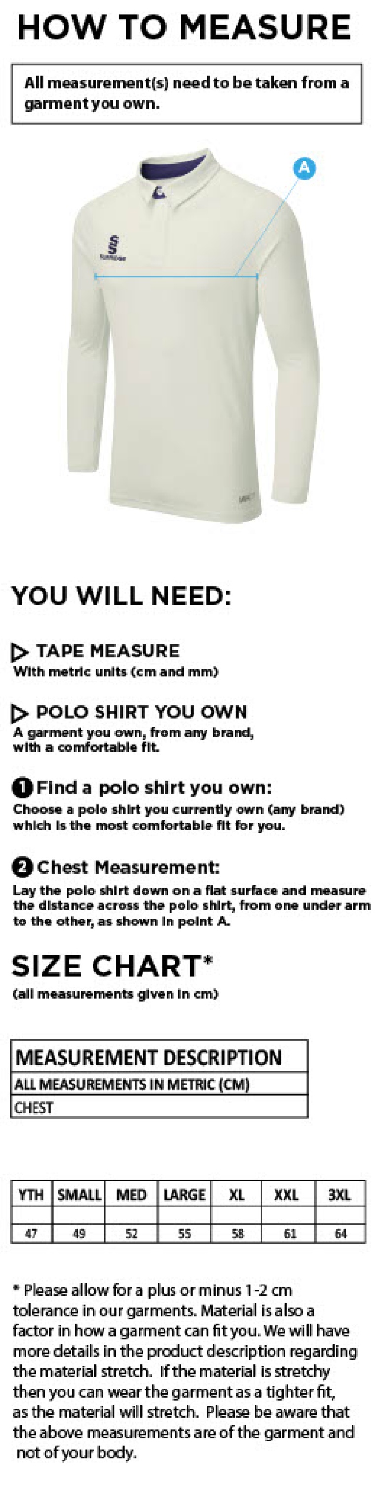 Settle CC - Ergo Long Sleeved playing shirt - Size Guide