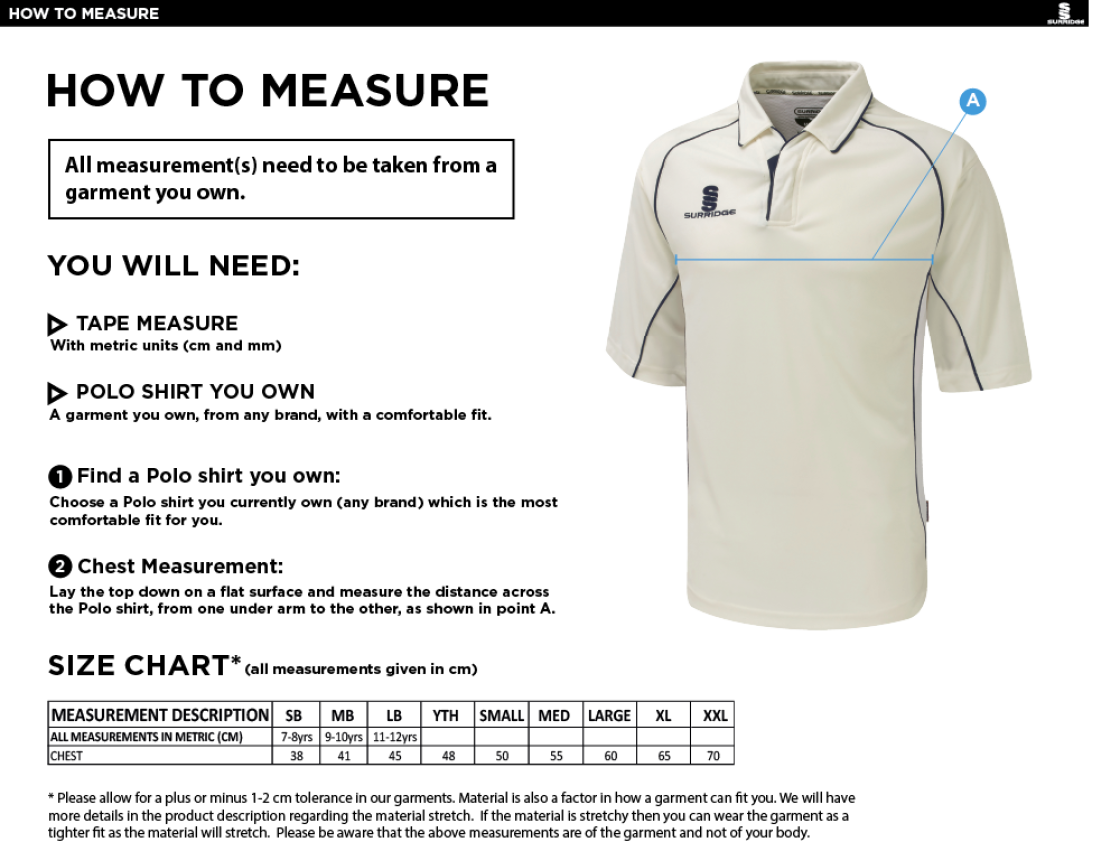 Settle CC - Premier 3/4 Sleeved Playing Shirt - Size Guide