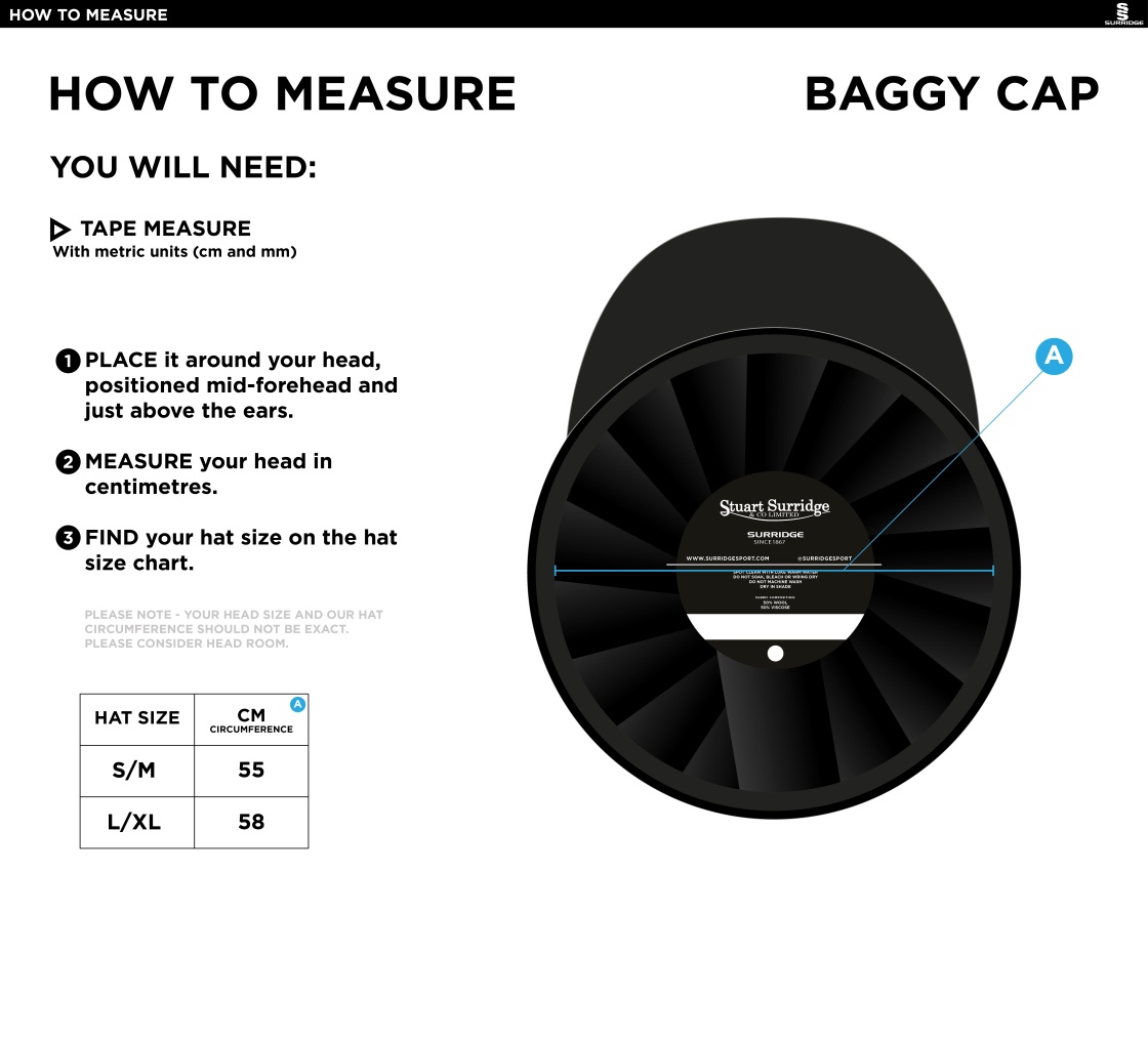 Settle CC - Baggy Cricket Cap - Size Guide